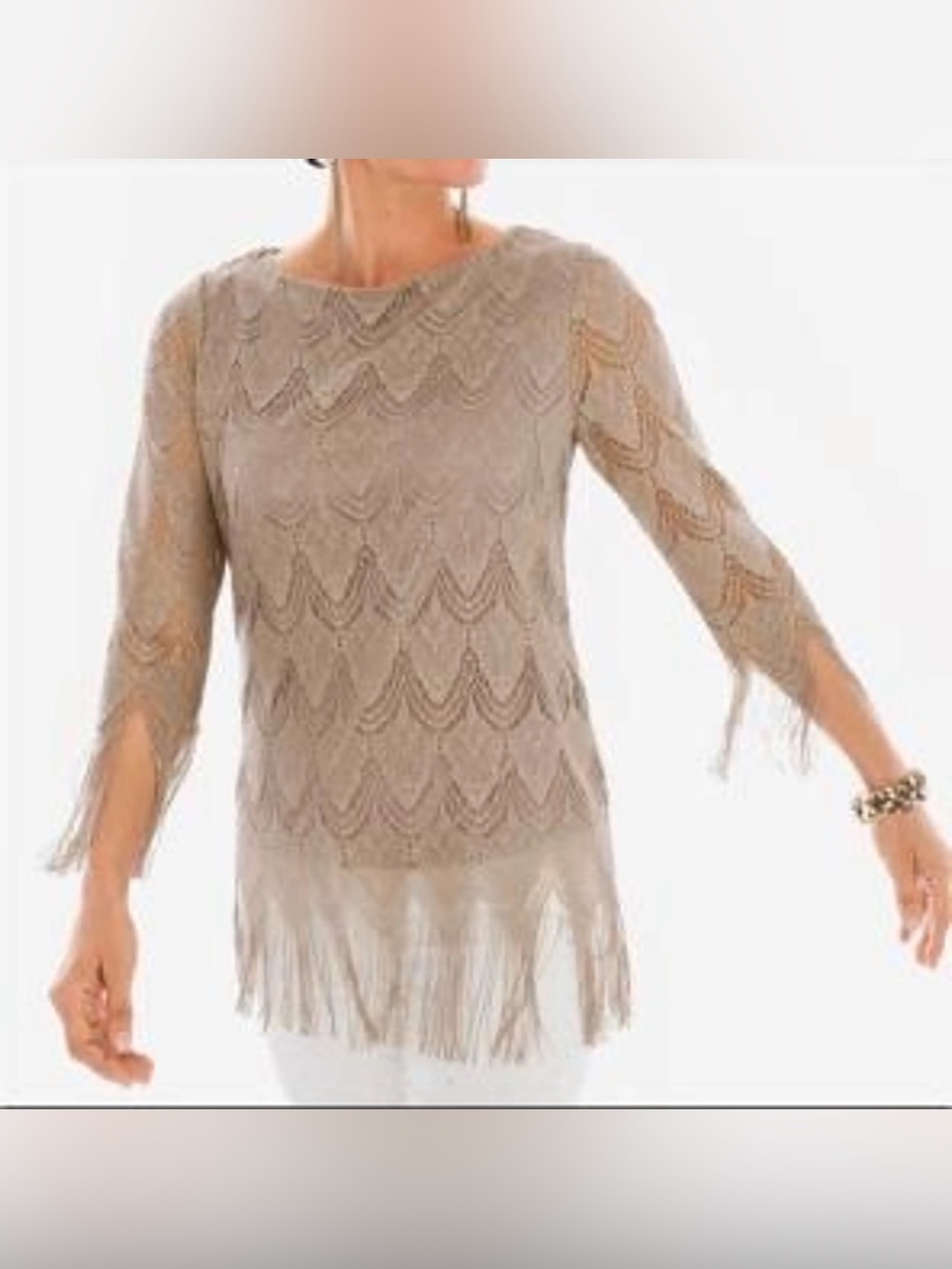 NWT Chico’s Scalloped Fringed Crochet Tunic Top in Gold